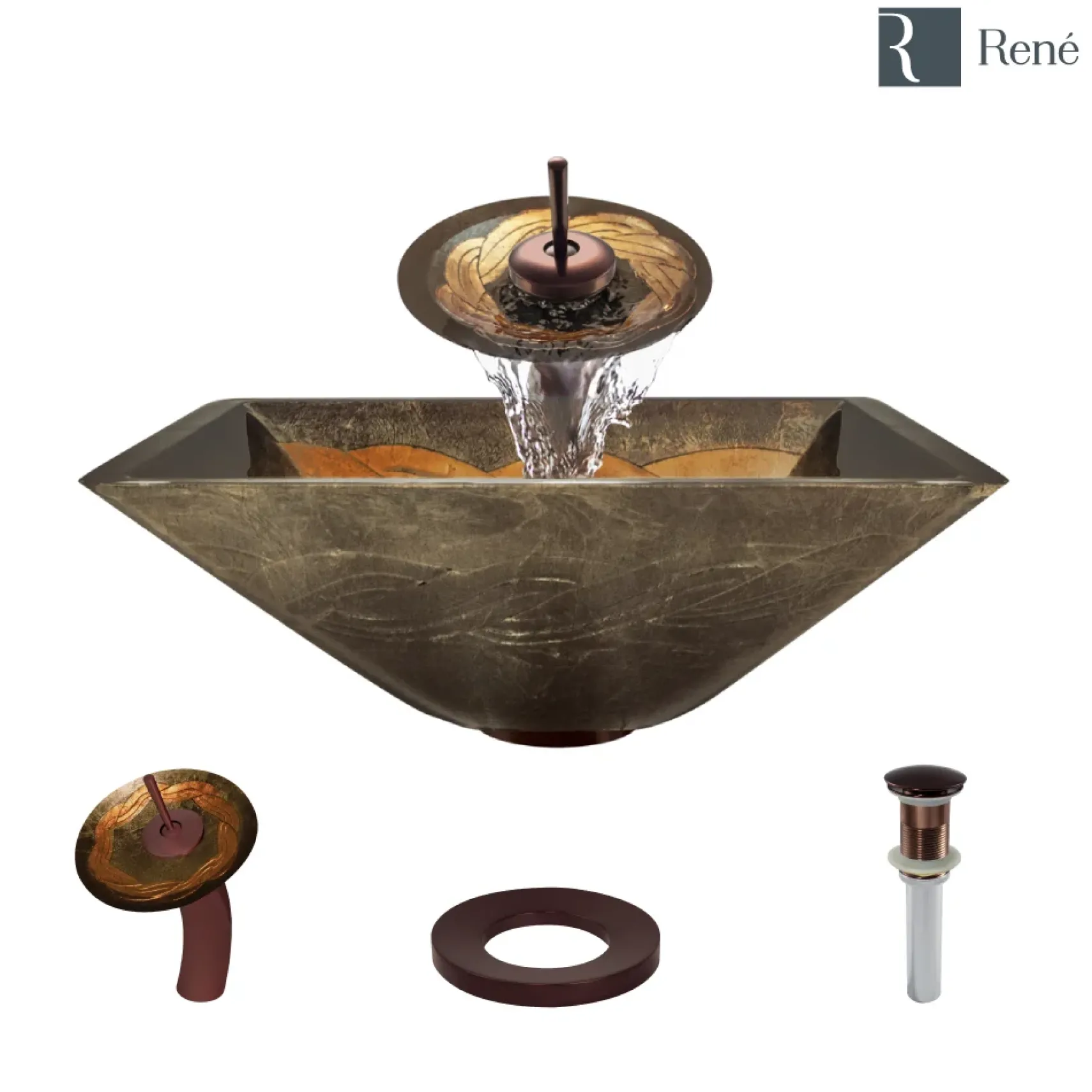 Rene 17" Square Glass Bathroom Sink, Metallic Green and Gold, with Faucet, R5-5036-WF-ORB