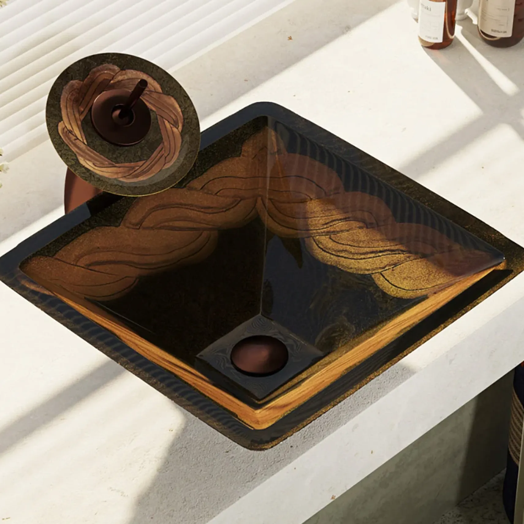 Rene 17" Square Glass Bathroom Sink, Metallic Green and Gold, with Faucet, R5-5036-WF-ORB