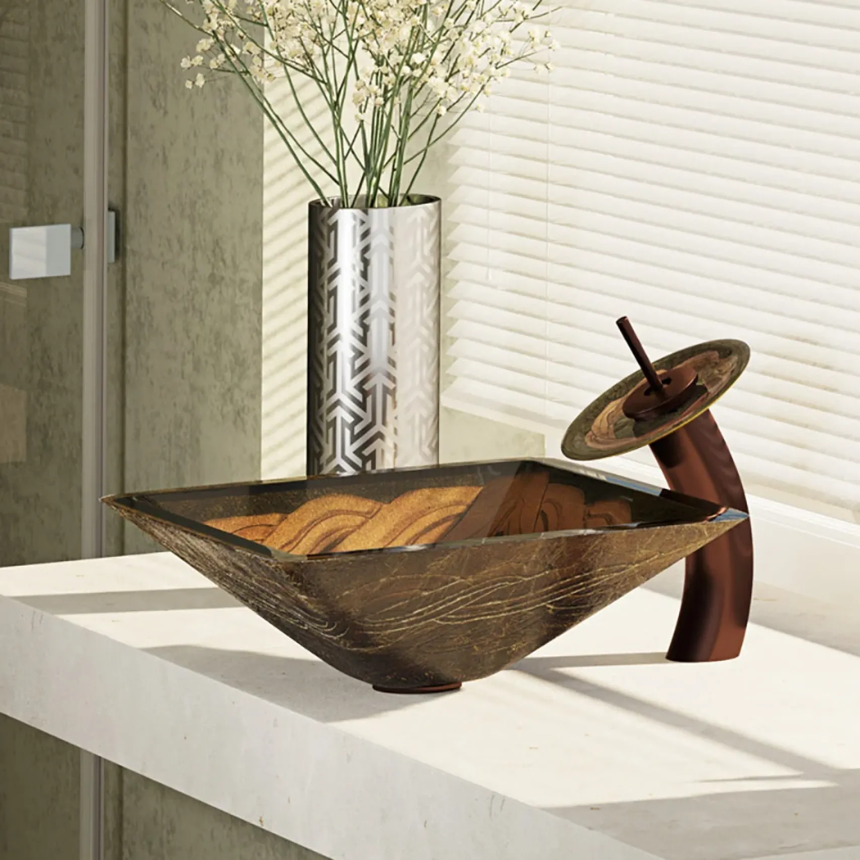 Rene 17" Square Glass Bathroom Sink, Metallic Green and Gold, with Faucet, R5-5036-WF-ORB