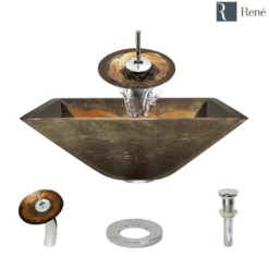 Rene 17" Square Glass Bathroom Sink, Metallic Green and Gold, with Faucet, R5-5036-WF-C