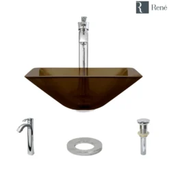 Rene 17" Square Glass Bathroom Sink, Cashmere, with Faucet, R5-5003-CAS-R9-7006-C