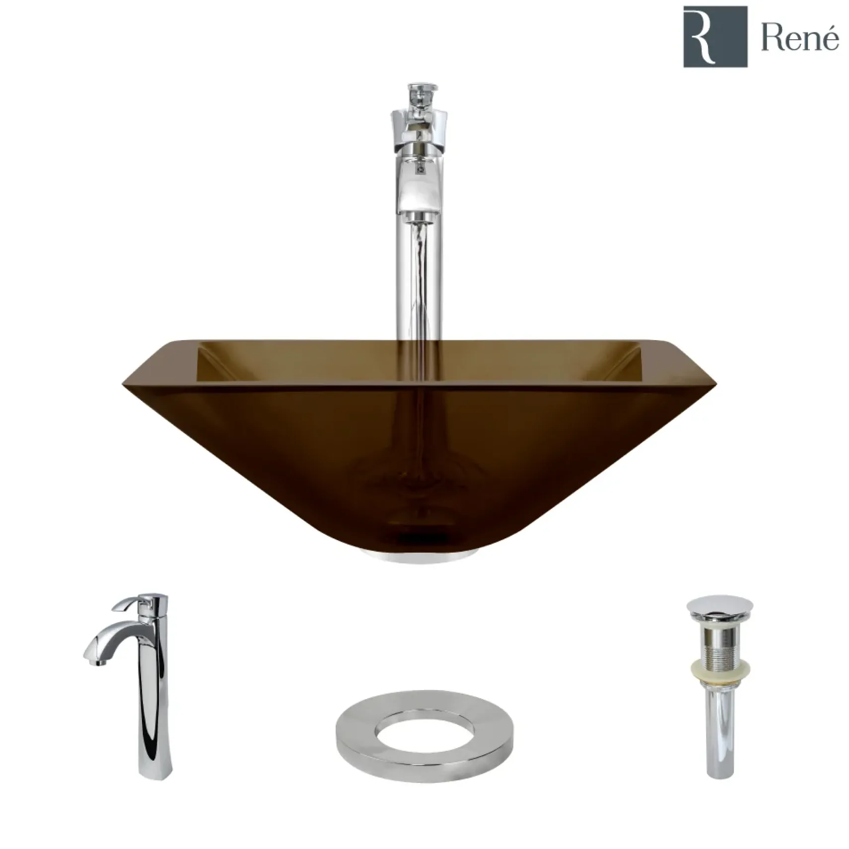 Rene 17" Square Glass Bathroom Sink, Cashmere, with Faucet, R5-5003-CAS-R9-7006-C