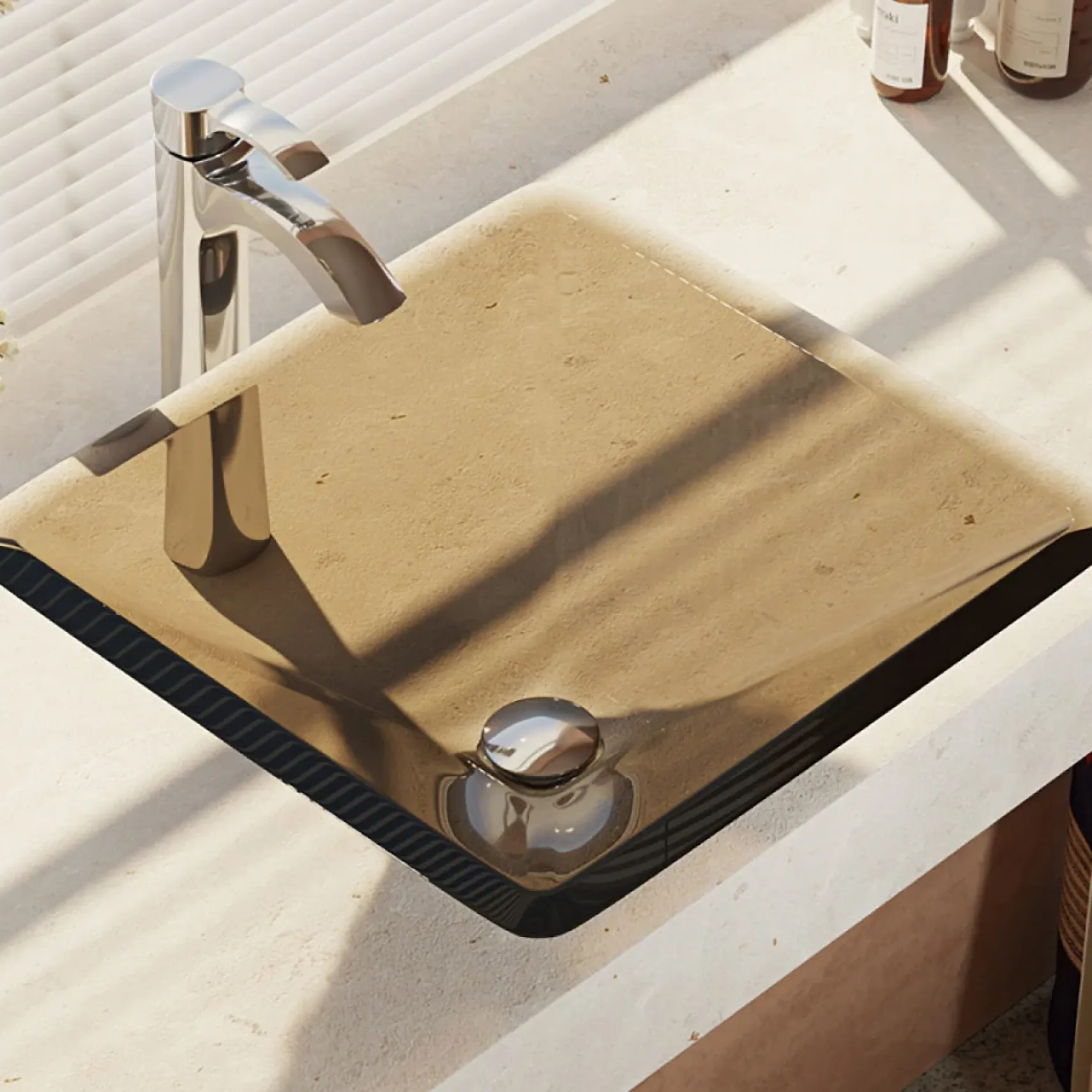 Rene 17" Square Glass Bathroom Sink, Cashmere, with Faucet, R5-5003-CAS-R9-7006-C