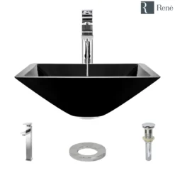 Rene 17" Square Glass Bathroom Sink, Noir, with Faucet, R5-5003-NOR-R9-7003-C