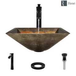 Rene 17" Square Glass Bathroom Sink, Metallic Green and Gold, with Faucet, R5-5036-R9-7006-ABR