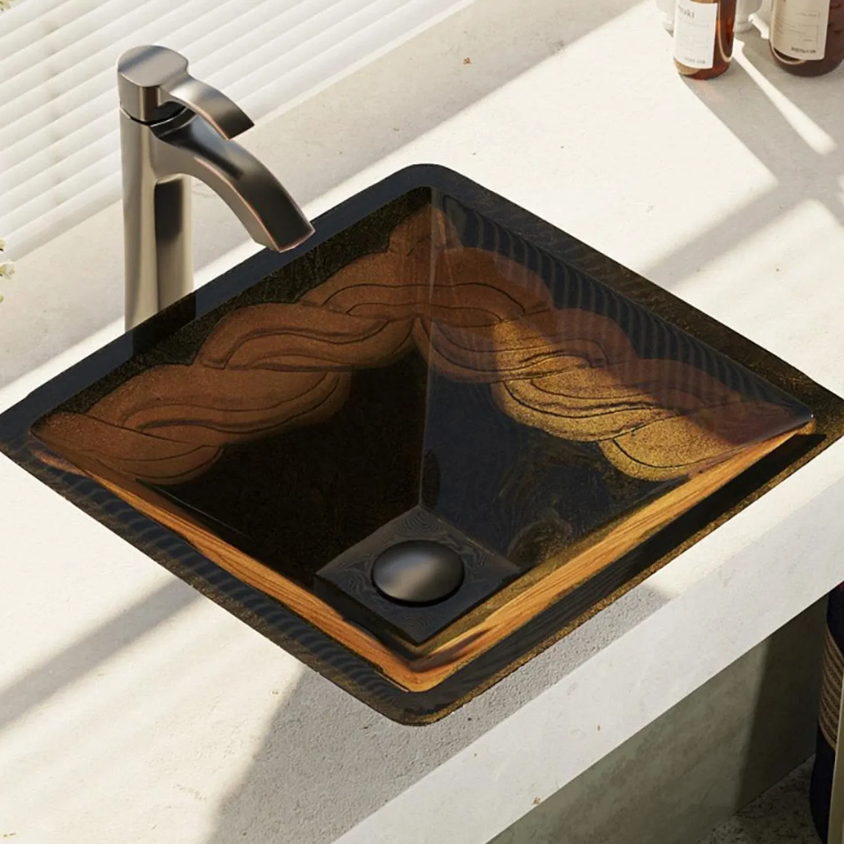 Rene 17" Square Glass Bathroom Sink, Metallic Green and Gold, with Faucet, R5-5036-R9-7006-ABR