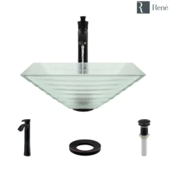 Rene 17" Square Glass Bathroom Sink, Textured, with Faucet, R5-5004-R9-7006-ABR