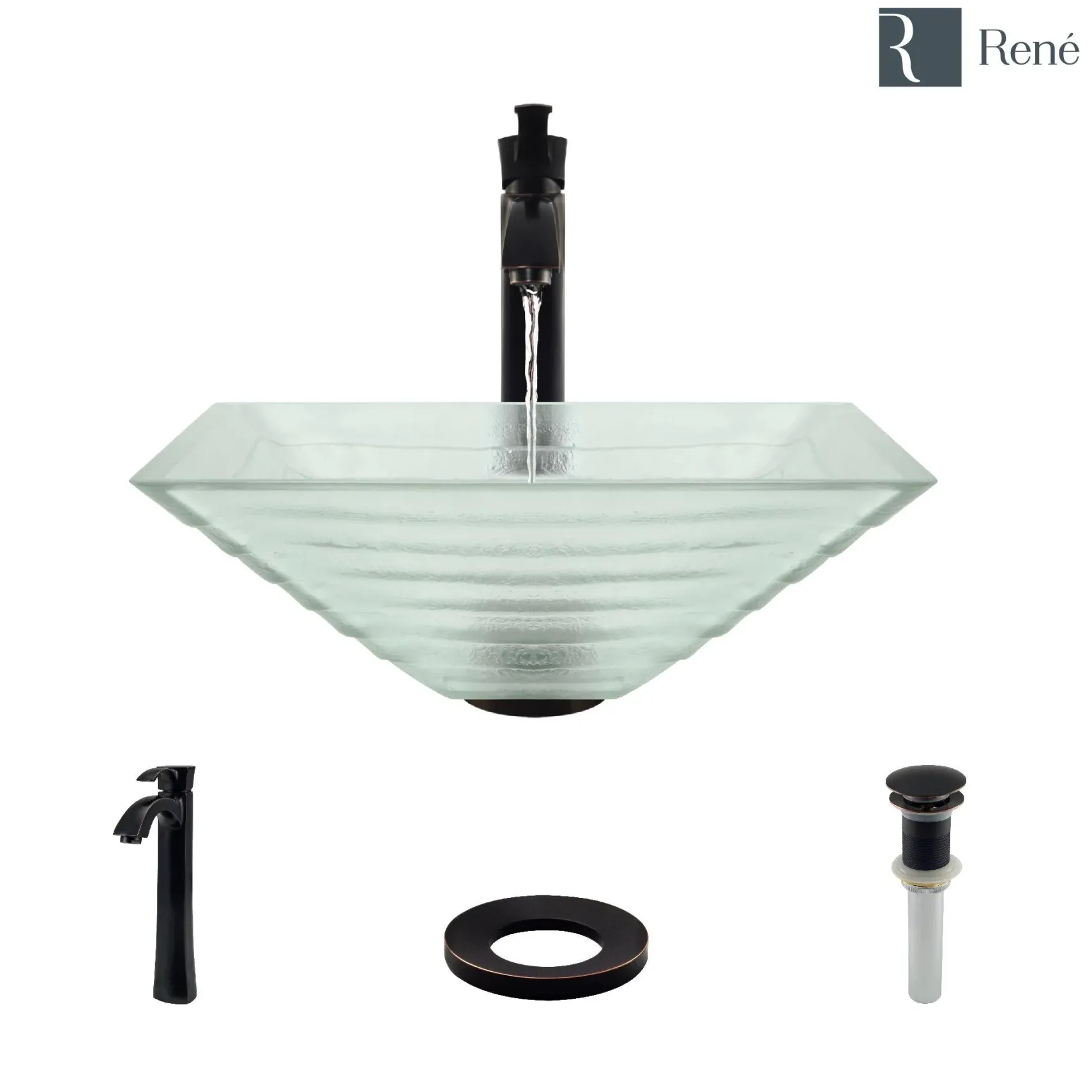 Rene 17" Square Glass Bathroom Sink, Textured, with Faucet, R5-5004-R9-7006-ABR