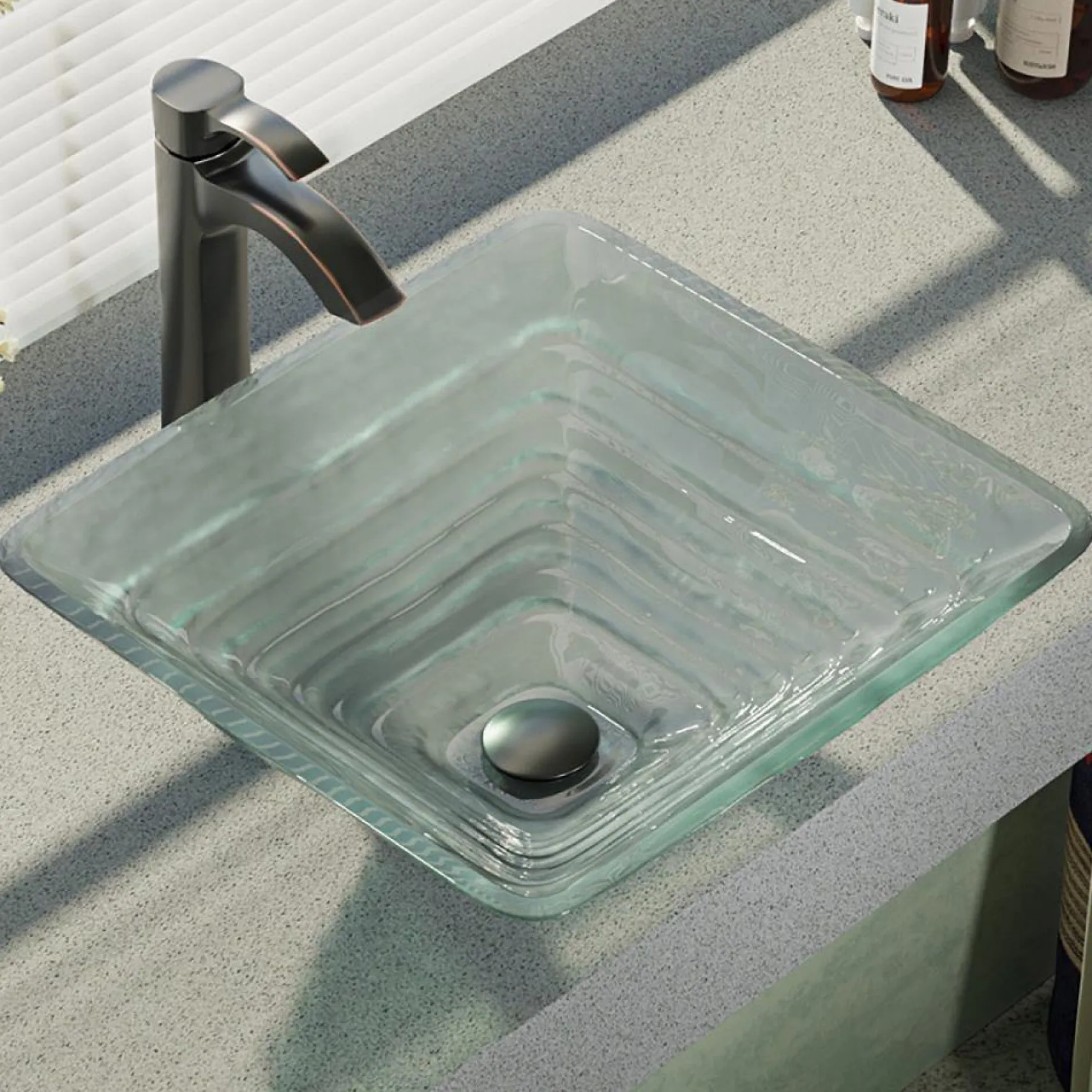 Rene 17" Square Glass Bathroom Sink, Textured, with Faucet, R5-5004-R9-7006-ABR