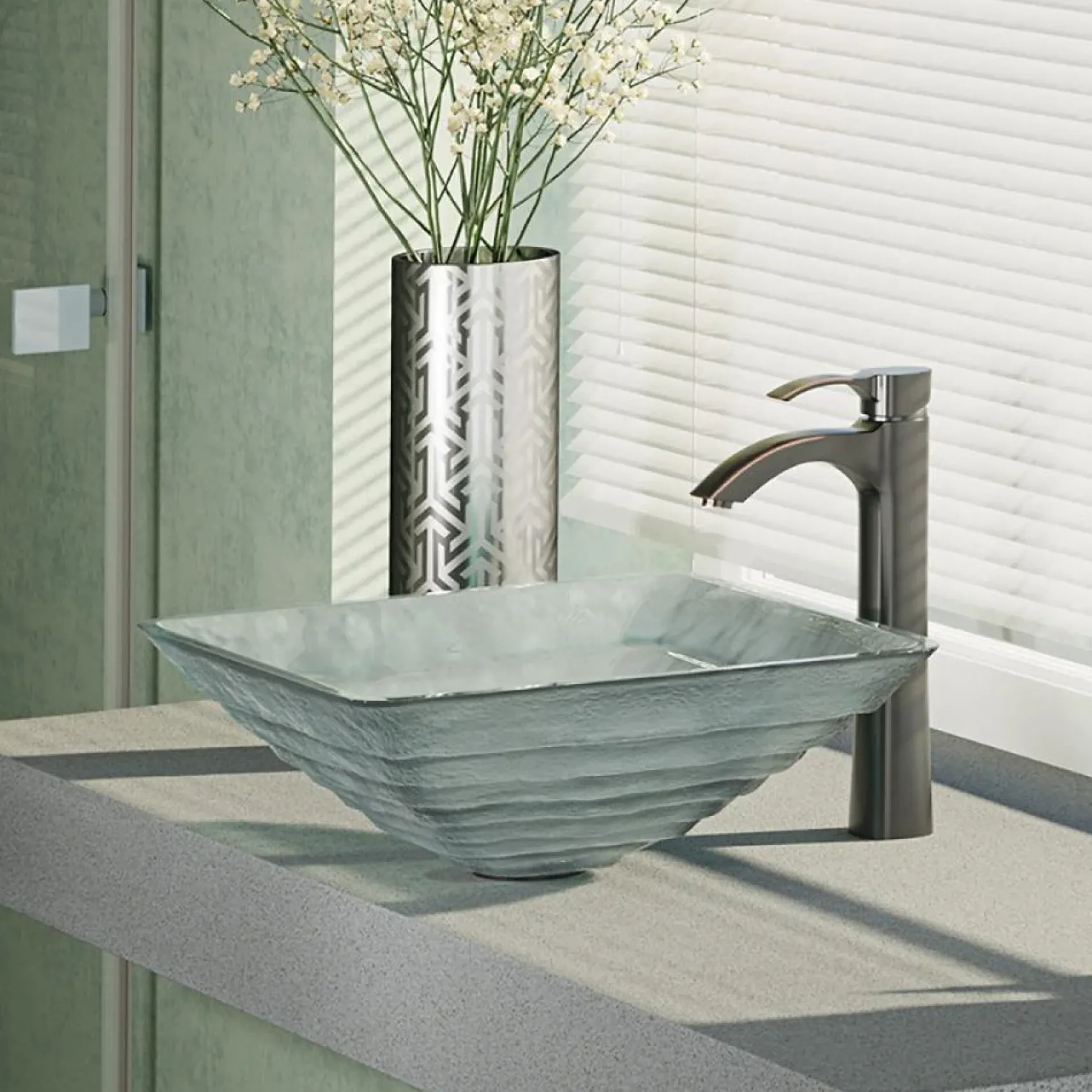 Rene 17" Square Glass Bathroom Sink, Textured, with Faucet, R5-5004-R9-7006-ABR