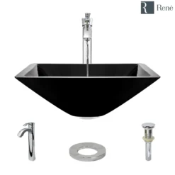 Rene 17" Square Glass Bathroom Sink, Noir, with Faucet, R5-5003-NOR-R9-7006-C