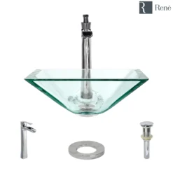 Rene 17" Square Glass Bathroom Sink, Crystal, with Faucet, R5-5003-CRY-R9-7007-C