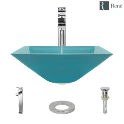 Rene 17" Square Glass Bathroom Sink, Cerulean, with Faucet, R5-5003-CER-R9-7003-C