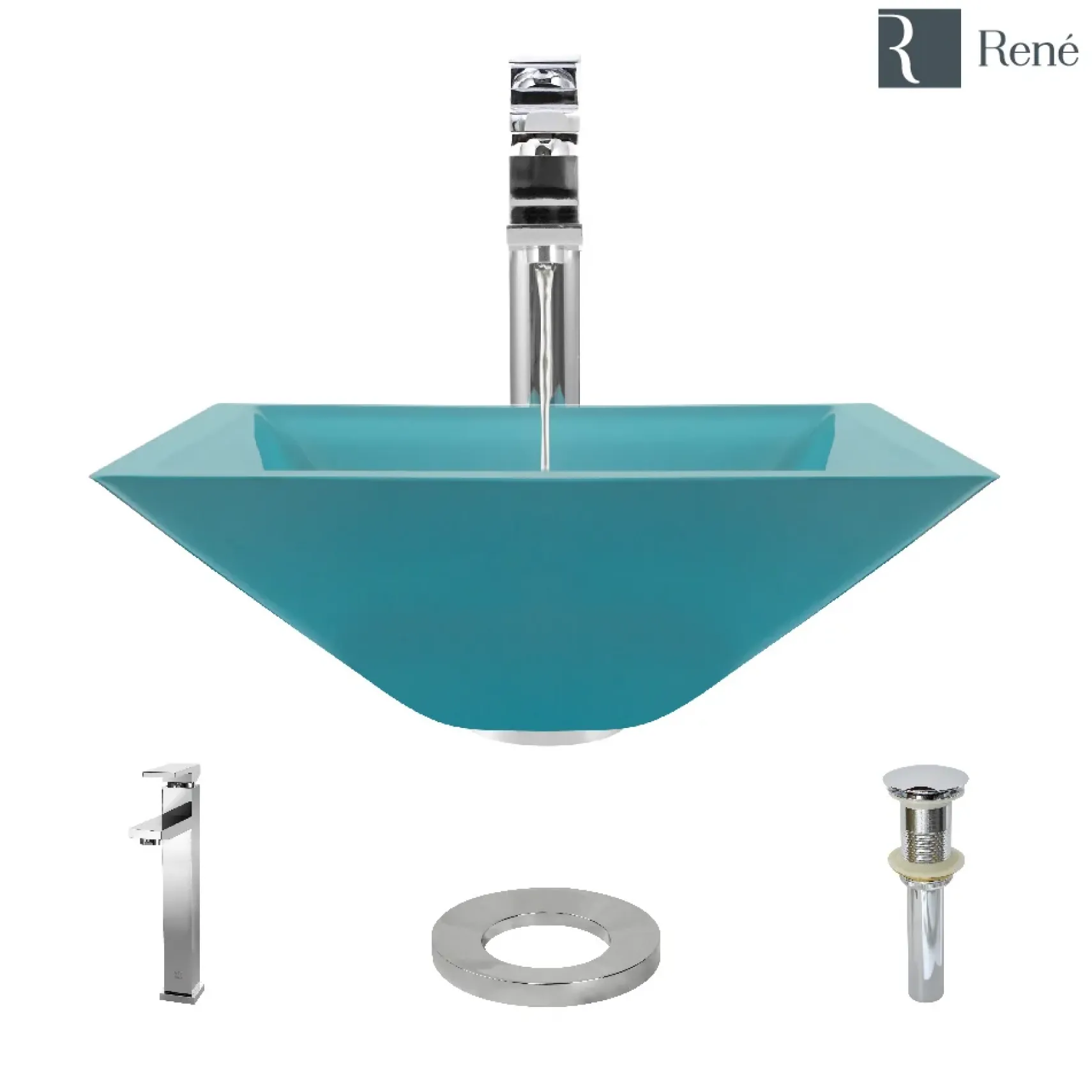 Rene 17" Square Glass Bathroom Sink, Cerulean, with Faucet, R5-5003-CER-R9-7003-C