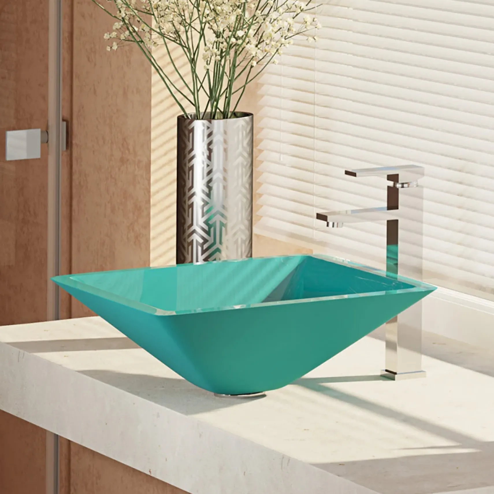 Rene 17" Square Glass Bathroom Sink, Cerulean, with Faucet, R5-5003-CER-R9-7003-C