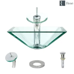 Rene 17" Square Glass Bathroom Sink, Crystal, with Faucet, R5-5003-CRY-WF-C