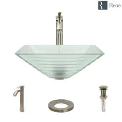 Rene 17" Square Glass Bathroom Sink, Textured, with Faucet, R5-5004-R9-7006-BN
