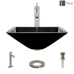 Rene 17" Square Glass Bathroom Sink, Noir, with Faucet, R5-5003-NOR-R9-7001-BN