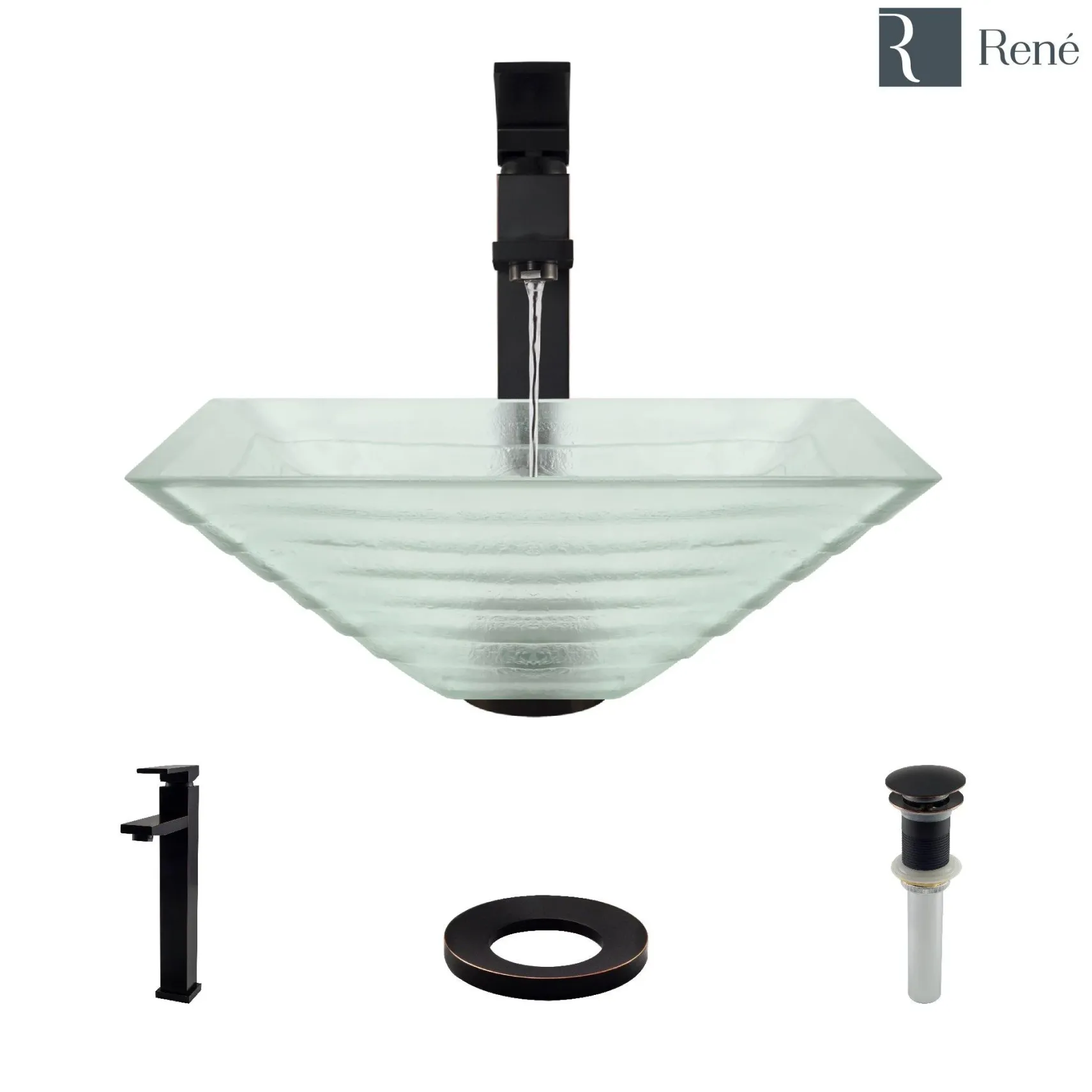 Rene 17" Square Glass Bathroom Sink, Textured, with Faucet, R5-5004-R9-7003-ABR