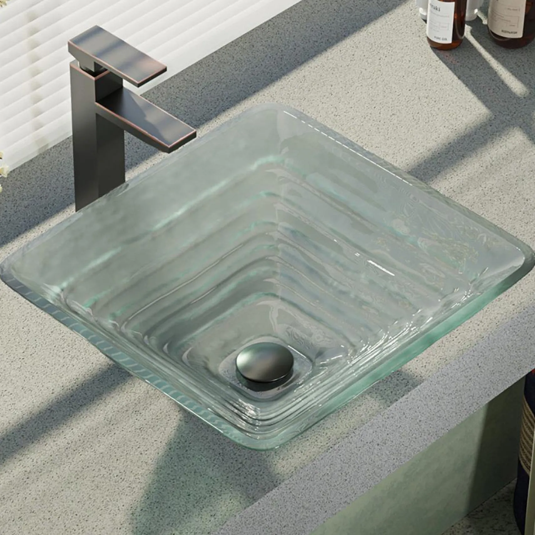 Rene 17" Square Glass Bathroom Sink, Textured, with Faucet, R5-5004-R9-7003-ABR
