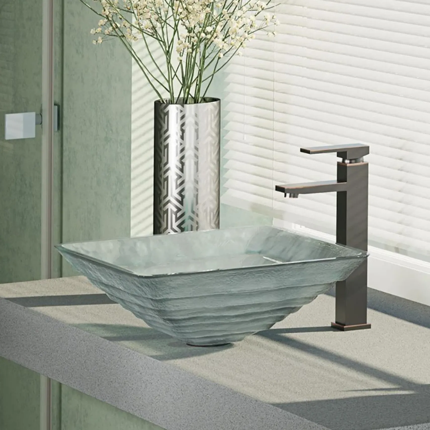 Rene 17" Square Glass Bathroom Sink, Textured, with Faucet, R5-5004-R9-7003-ABR