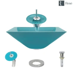 Rene 17" Square Glass Bathroom Sink, Cerulean, with Faucet, R5-5003-CER-WF-C