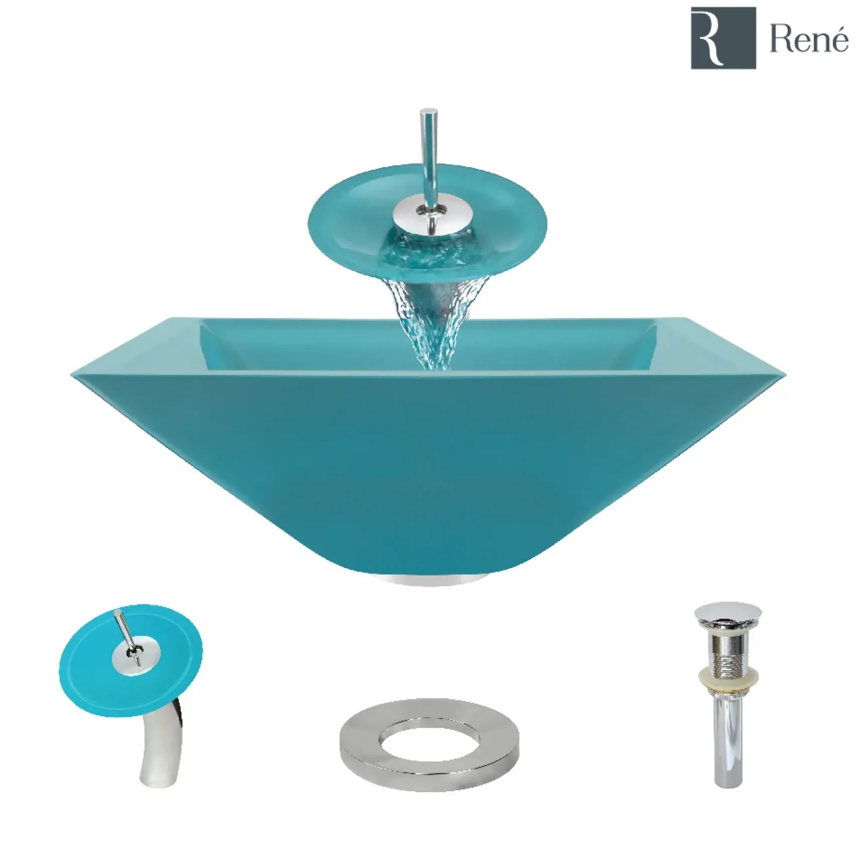 Rene 17" Square Glass Bathroom Sink, Cerulean, with Faucet, R5-5003-CER-WF-C