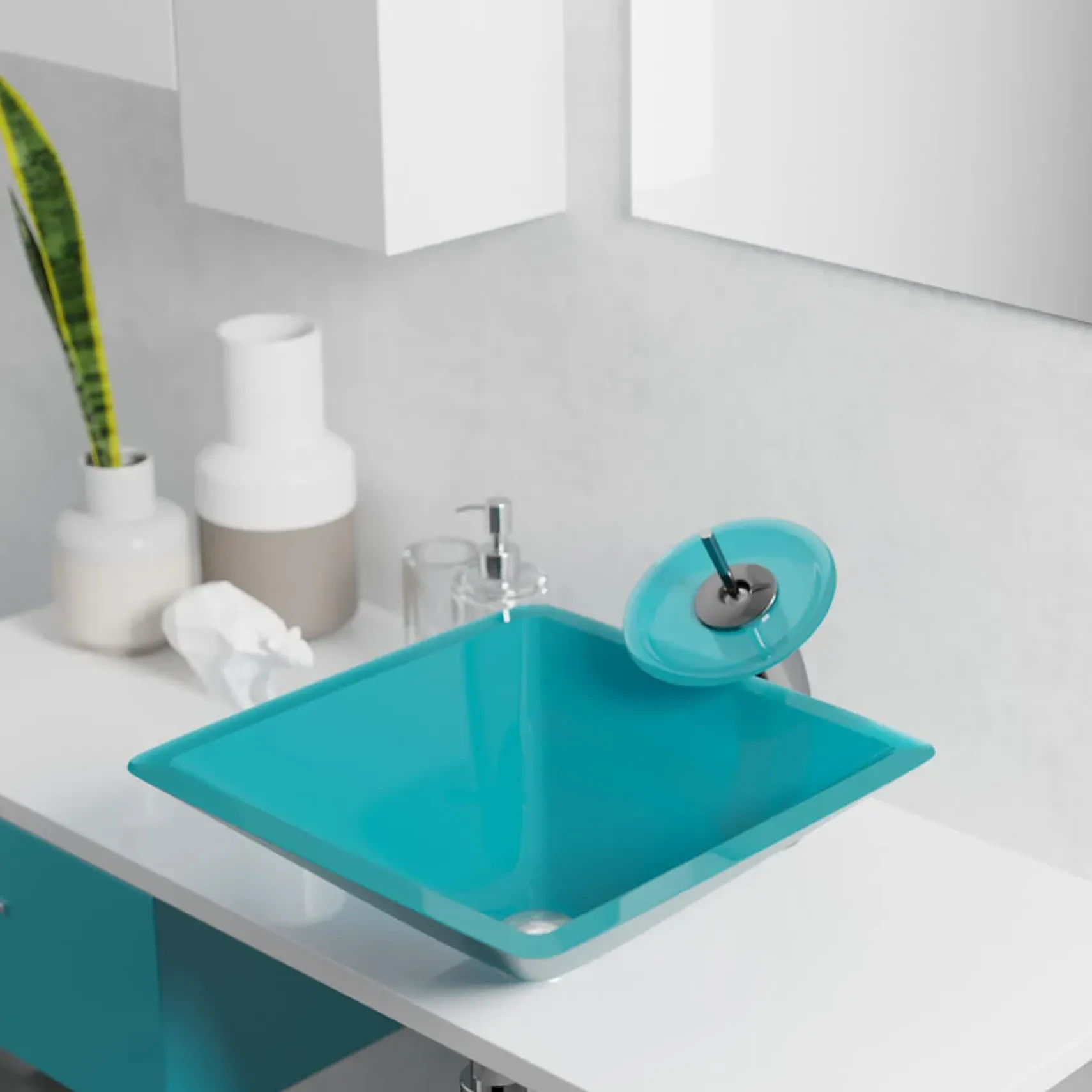 Rene 17" Square Glass Bathroom Sink, Cerulean, with Faucet, R5-5003-CER-WF-C