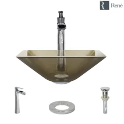 Rene 17" Square Glass Bathroom Sink, Cashmere, with Faucet, R5-5003-CAS-R9-7007-C