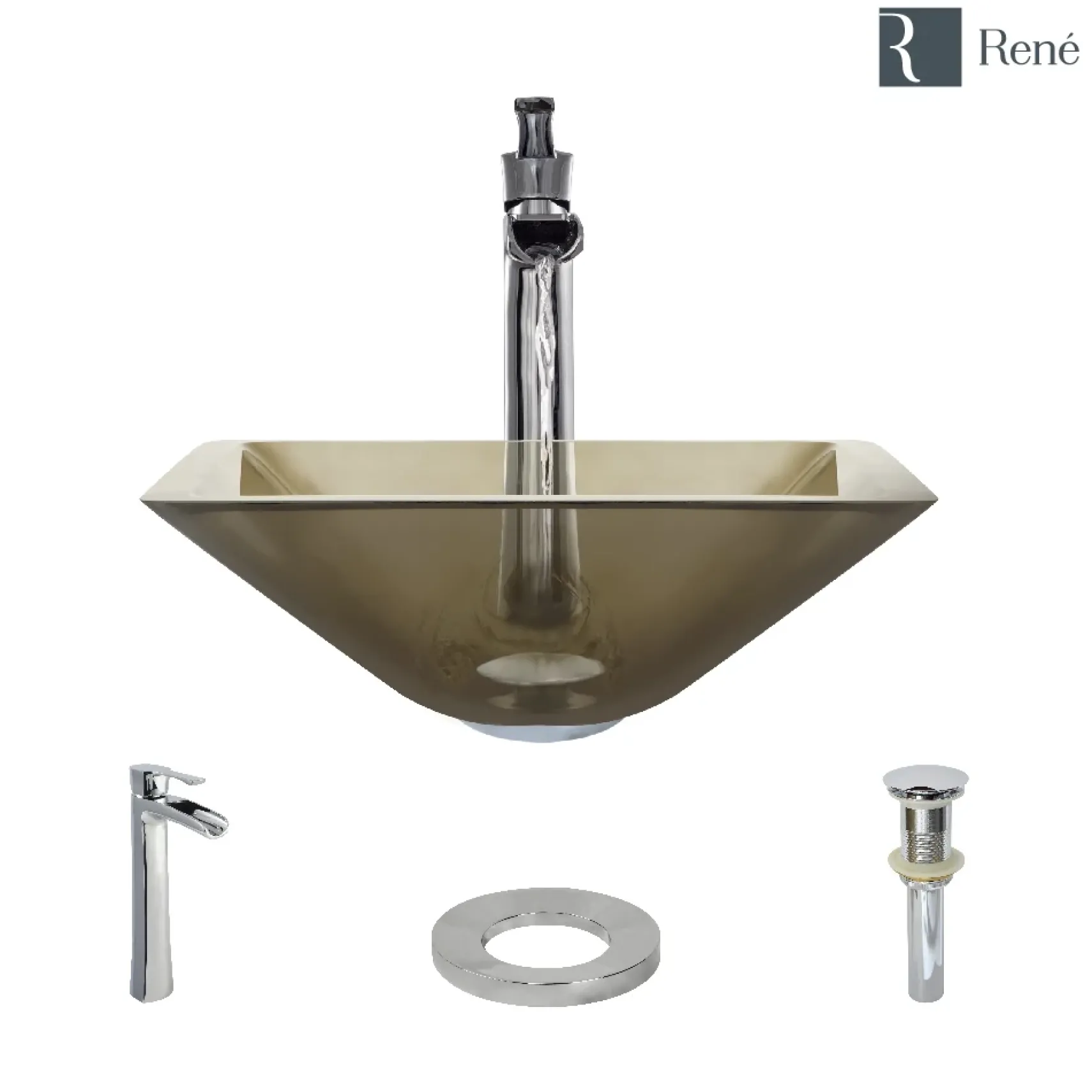 Rene 17" Square Glass Bathroom Sink, Cashmere, with Faucet, R5-5003-CAS-R9-7007-C