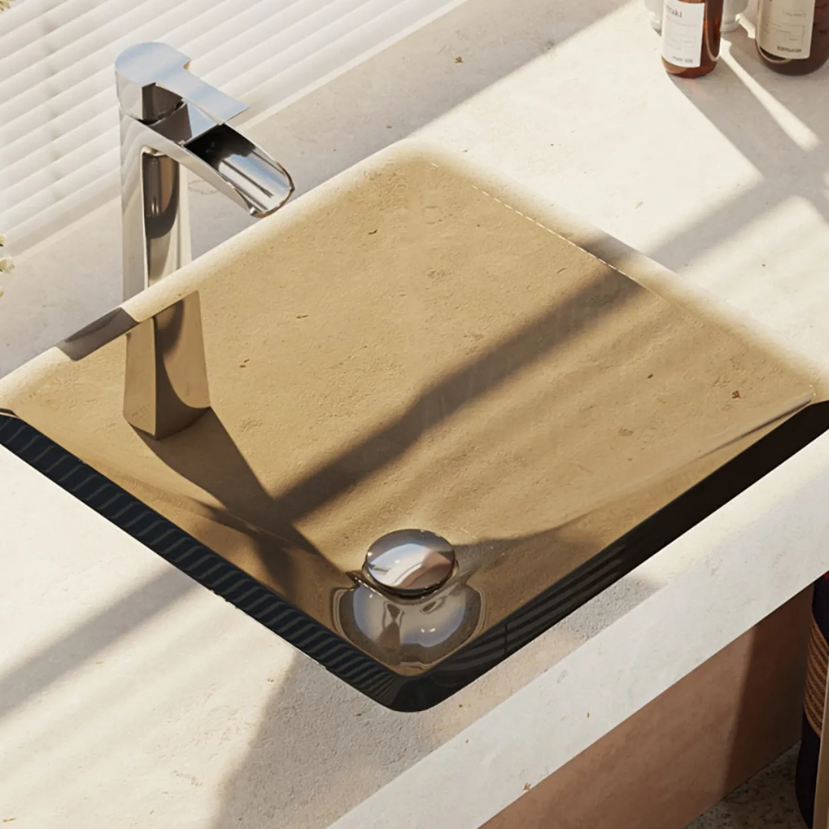 Rene 17" Square Glass Bathroom Sink, Cashmere, with Faucet, R5-5003-CAS-R9-7007-C