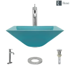 Rene 17" Square Glass Bathroom Sink, Cerulean, with Faucet, R5-5003-CER-R9-7001-C