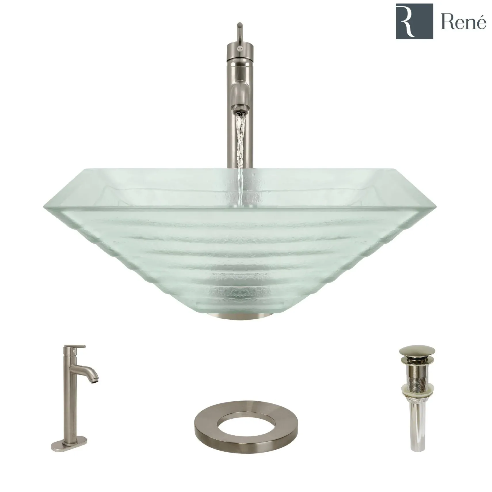 Rene 17" Square Glass Bathroom Sink, Textured, with Faucet, R5-5004-R9-7001-BN