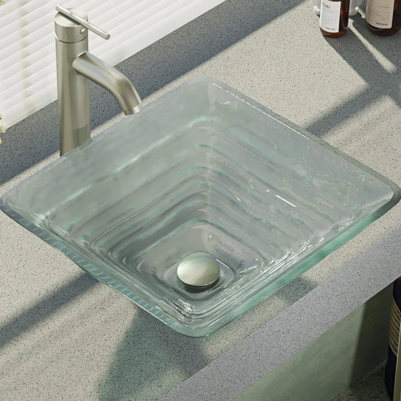 Rene 17" Square Glass Bathroom Sink, Textured, with Faucet, R5-5004-R9-7001-BN