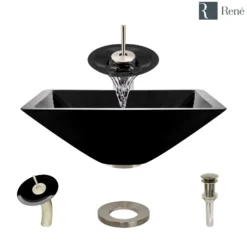 Rene 17" Square Glass Bathroom Sink, Noir, with Faucet, R5-5003-NOR-WF-BN