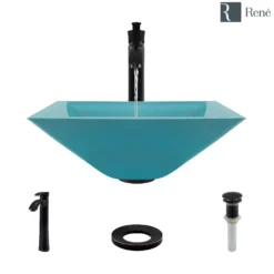 Rene 17" Square Glass Bathroom Sink, Cerulean, with Faucet, R5-5003-CER-R9-7006-ABR