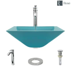 Rene 17" Square Glass Bathroom Sink, Cerulean, with Faucet, R5-5003-CER-R9-7006-C