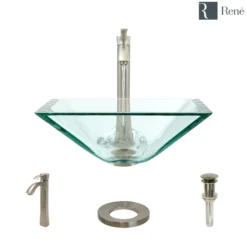 Rene 17" Square Glass Bathroom Sink, Crystal, with Faucet, R5-5003-CRY-R9-7006-BN