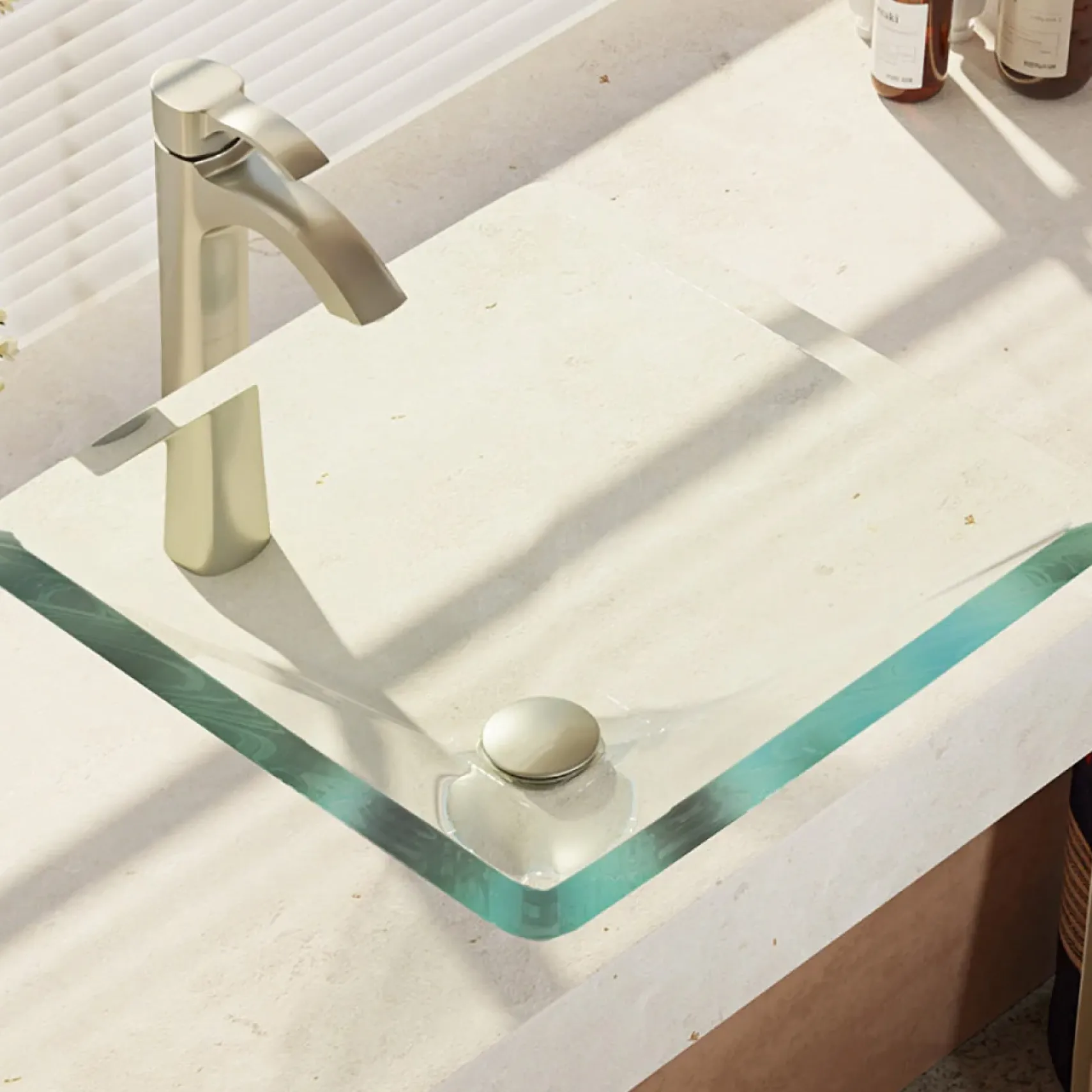 Rene 17" Square Glass Bathroom Sink, Crystal, with Faucet, R5-5003-CRY-R9-7006-BN