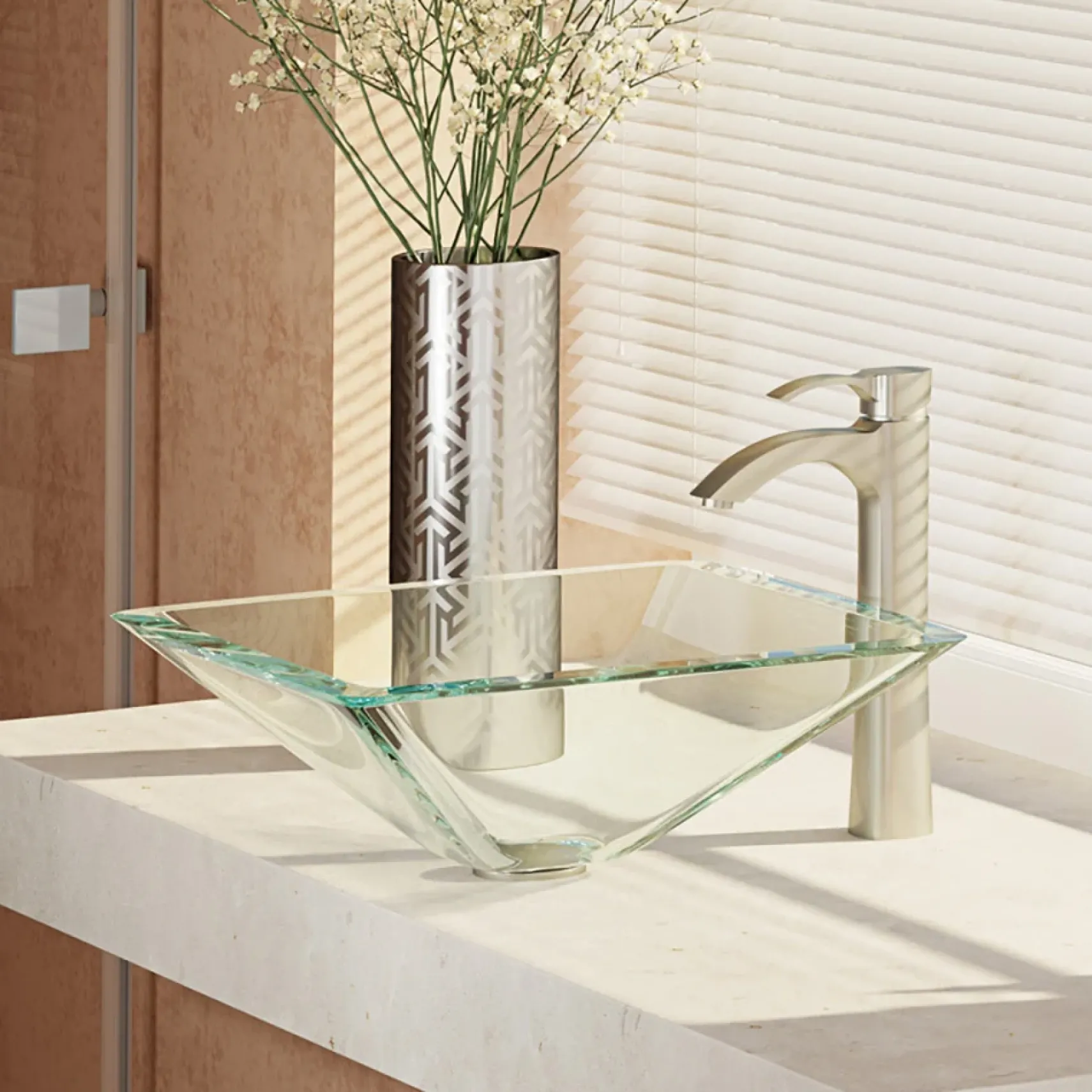 Rene 17" Square Glass Bathroom Sink, Crystal, with Faucet, R5-5003-CRY-R9-7006-BN