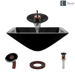 Rene 17" Square Glass Bathroom Sink, Noir, with Faucet, R5-5003-NOR-WF-ORB