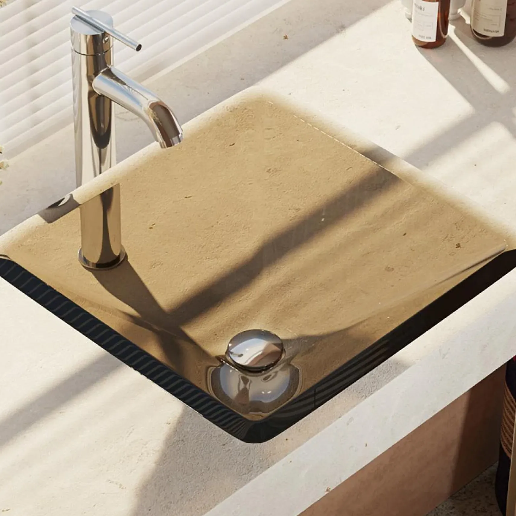 Rene 17" Square Glass Bathroom Sink, Cashmere, with Faucet, R5-5003-CAS-R9-7001-C