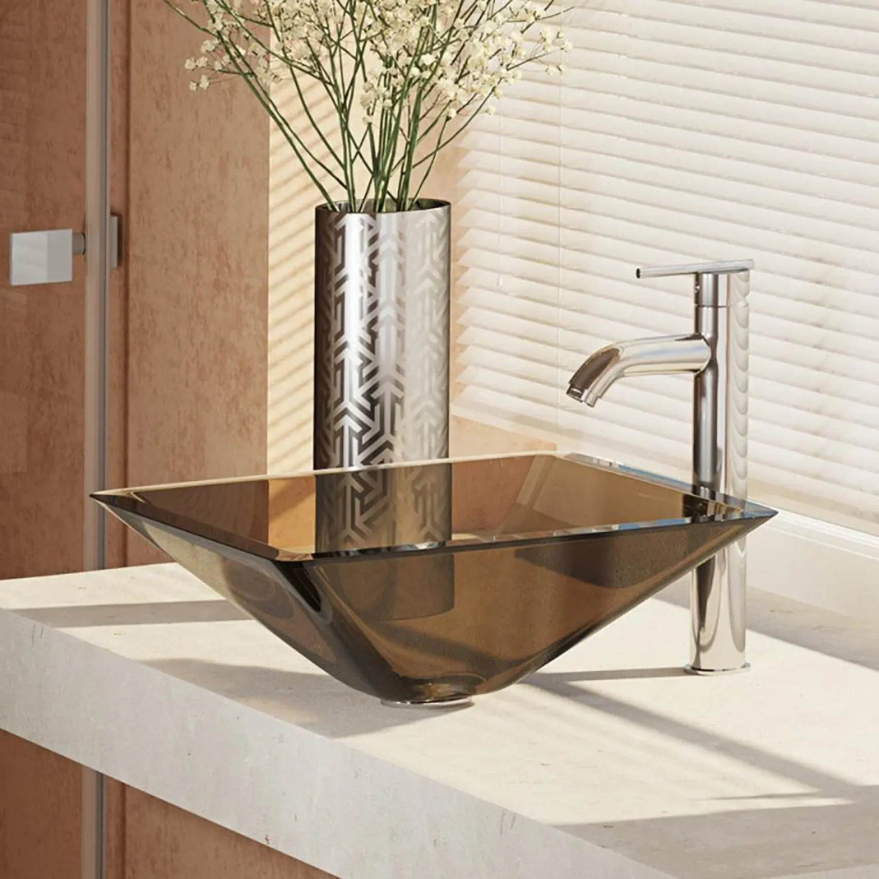 Rene 17" Square Glass Bathroom Sink, Cashmere, with Faucet, R5-5003-CAS-R9-7001-C