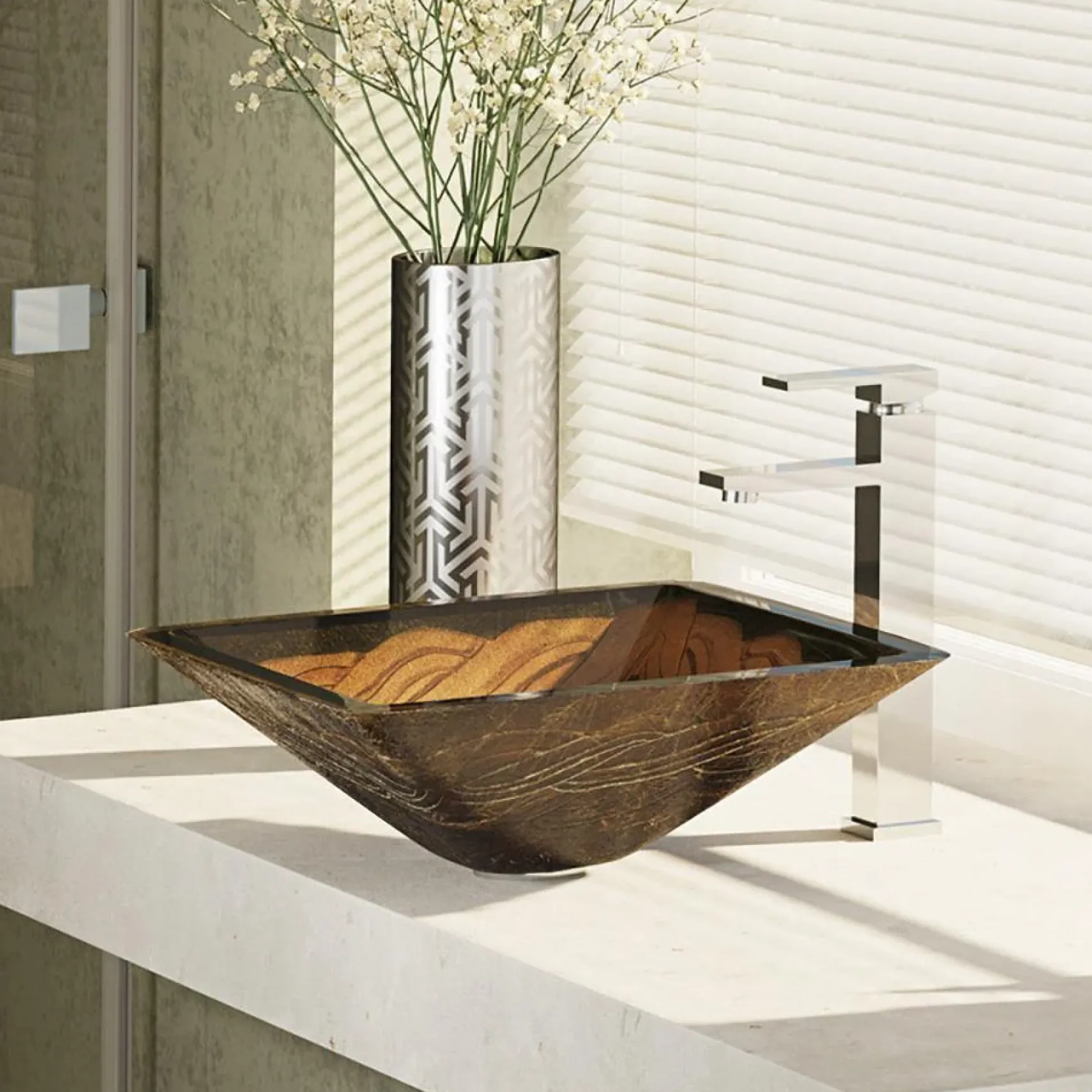 Rene 17" Square Glass Bathroom Sink, Metallic Green and Gold, with Faucet, R5-5036-R9-7003-C