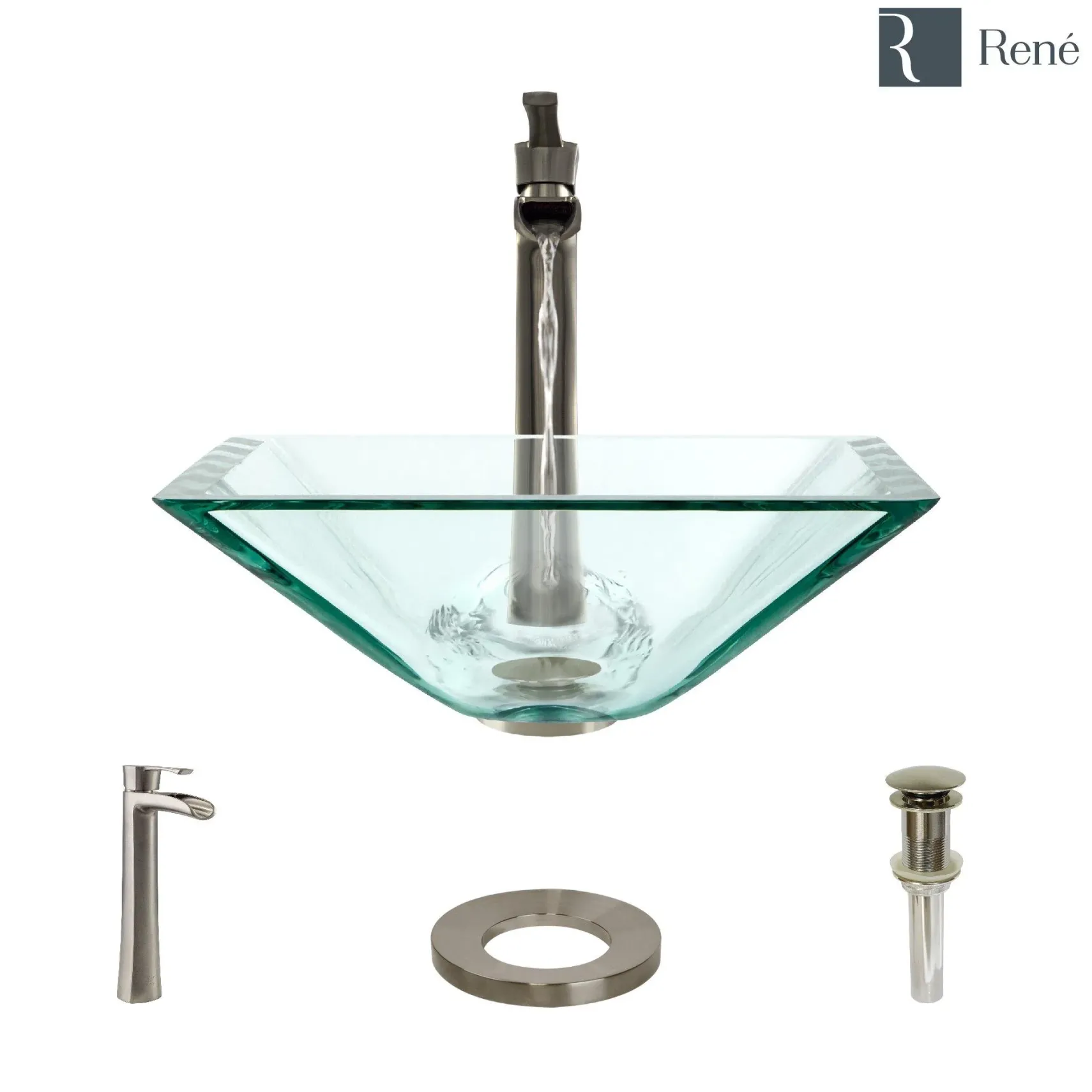 Rene 17" Square Glass Bathroom Sink, Crystal, with Faucet, R5-5003-CRY-R9-7007-BN