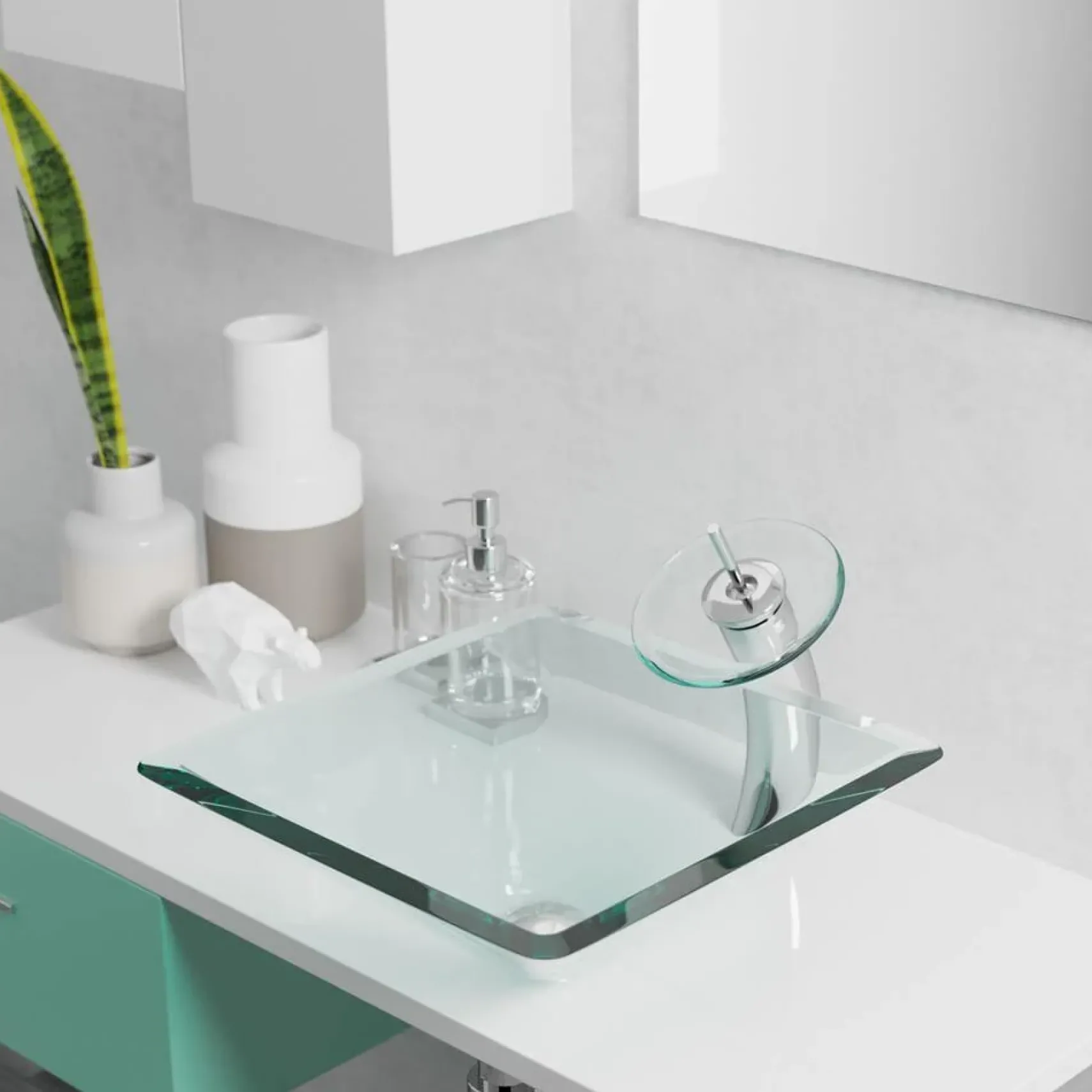 Rene 17" Square Glass Bathroom Sink, Crystal, with Faucet, R5-5003-CRY-R9-7007-BN