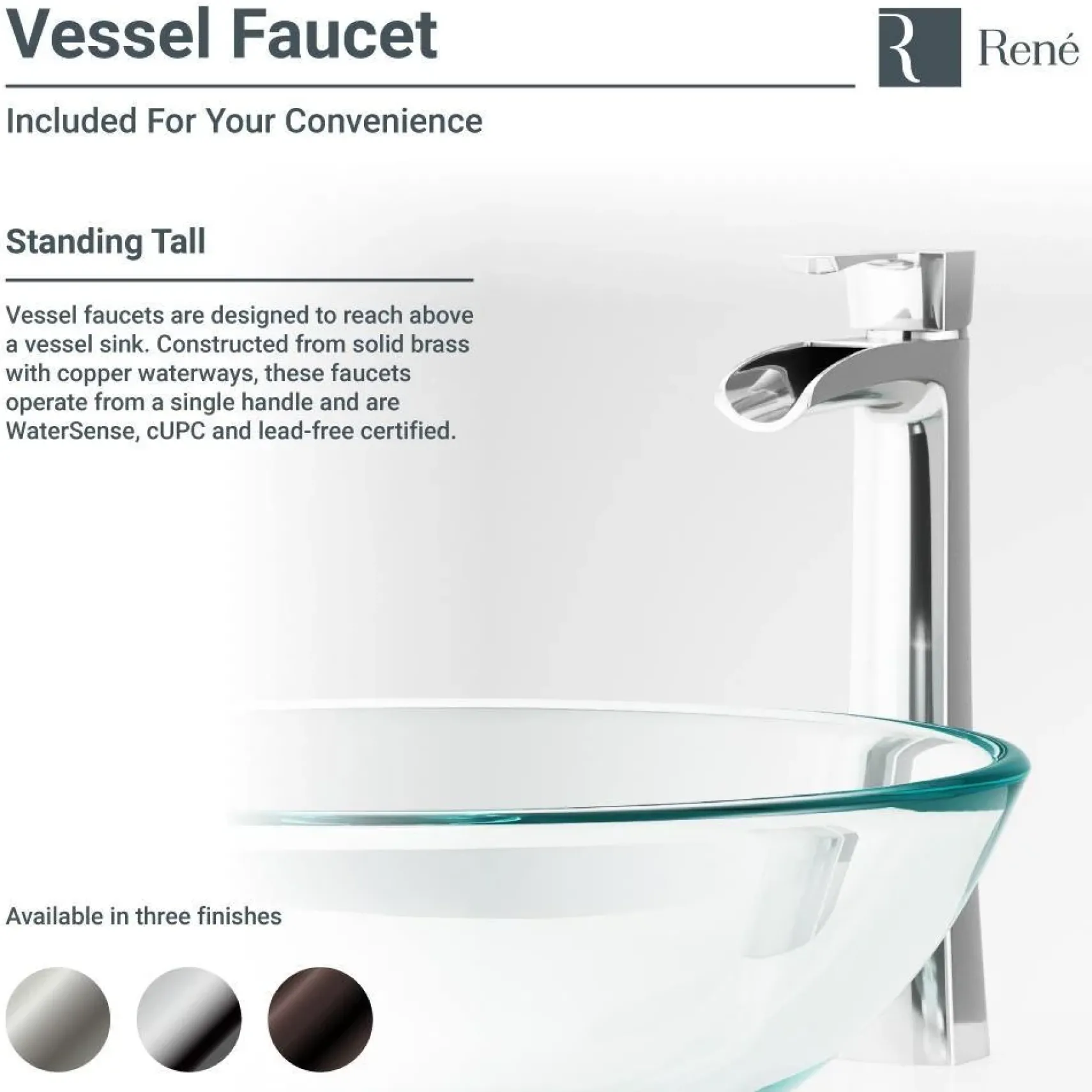 Rene 17" Square Glass Bathroom Sink, Crystal, with Faucet, R5-5003-CRY-R9-7007-BN
