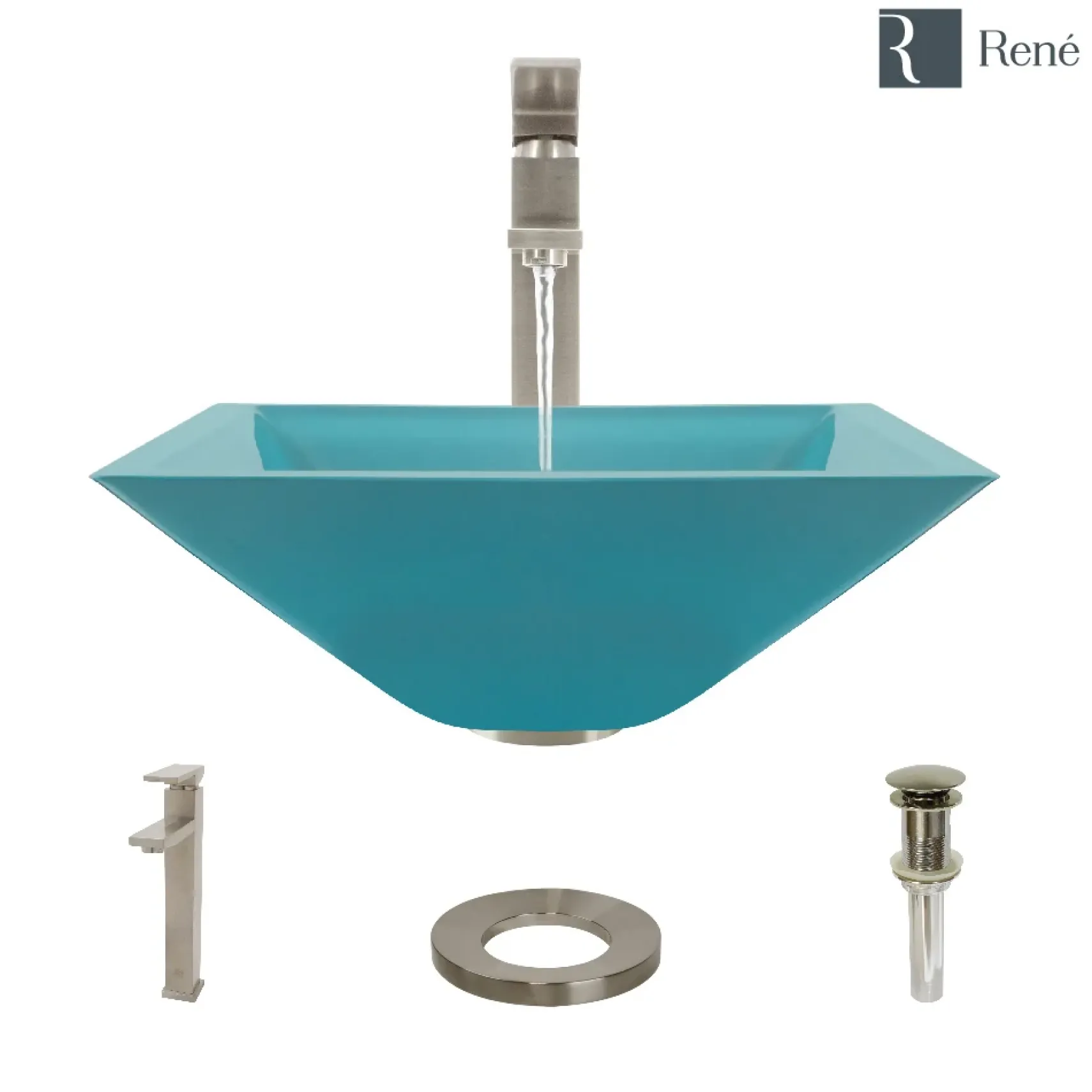Rene 17" Square Glass Bathroom Sink, Cerulean, with Faucet, R5-5003-CER-R9-7003-BN