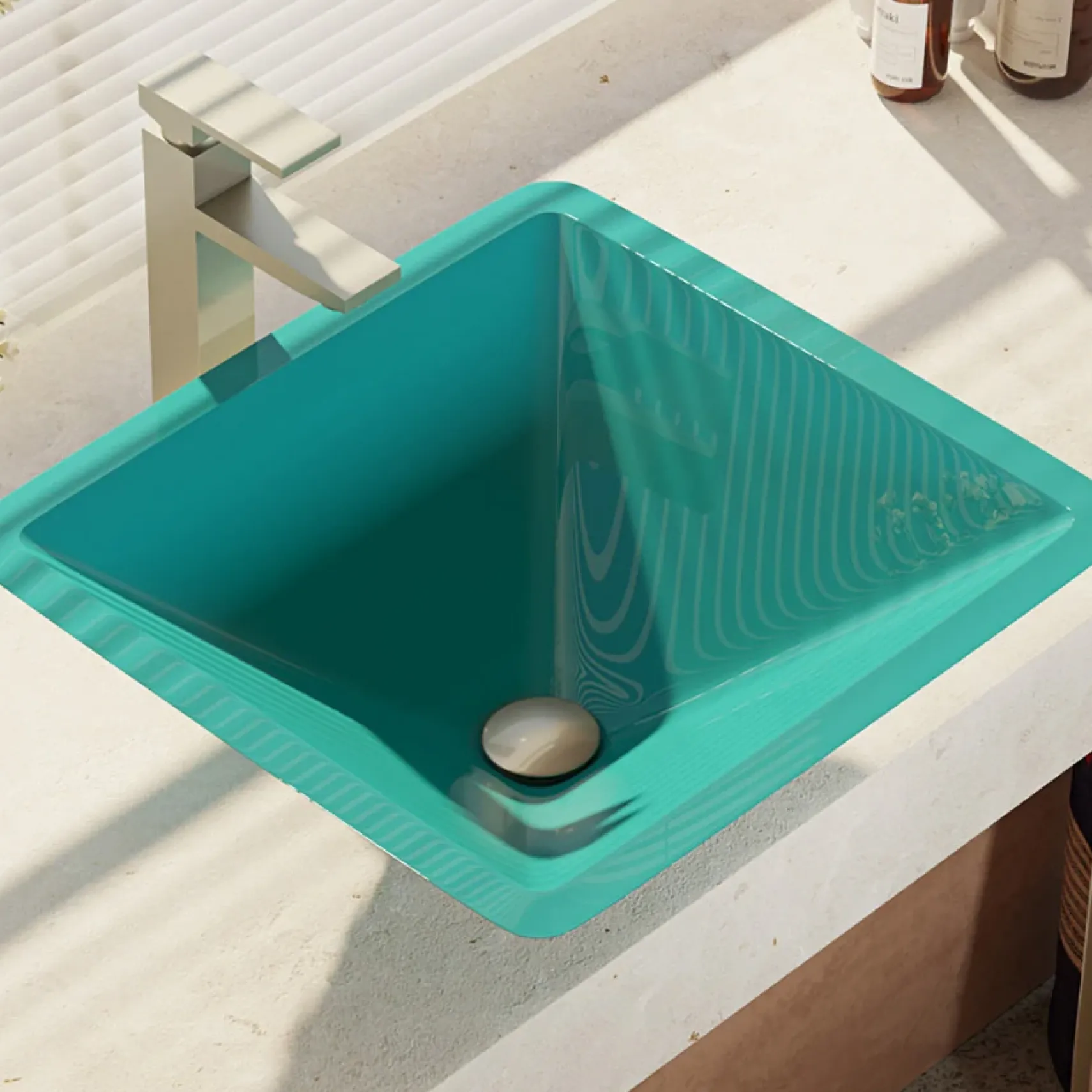 Rene 17" Square Glass Bathroom Sink, Cerulean, with Faucet, R5-5003-CER-R9-7003-BN
