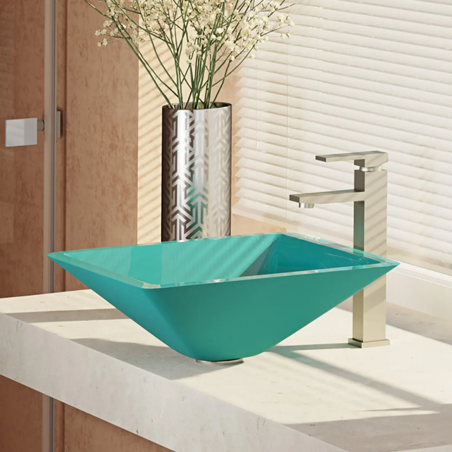 Rene 17" Square Glass Bathroom Sink, Cerulean, with Faucet, R5-5003-CER-R9-7003-BN